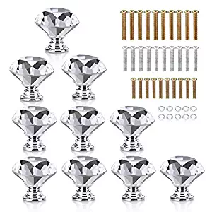 HOMEIDEAS 10PCS 30MM Diamond Crystal Glass Cabinet Knob Cupboard Drawer Pull Handle,3 Size Screws