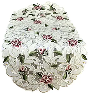 Doily Boutique Table Runner Embroidered with Light Pink Cut Work Roses, Size 44 x 15 inches