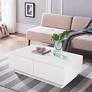 Yosooo High Gloss Finish White Coffee Table with 4 Drawer, Modern Wood Furniture Side/End/Sofa Table Home Office, 95 x 60 x 31cm