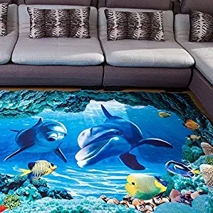 Blue Sea Theme Dolphin 3D Ocean Dolphin Fishes Pattern Blue Bathroom Floor Carpet - Flannel carpet Water and Skid Resistant Kids Home Decoration