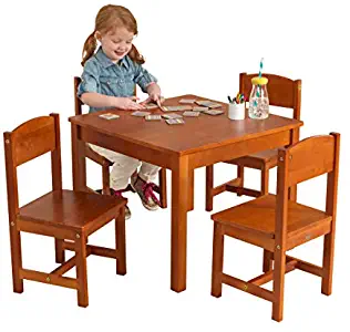 KidKraft Wooden Farmhouse Table & 4 Chairs Set, Children's Furniture for Arts & Activity – Pecan