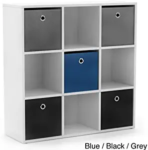 'Jolie' White Bookcase with Five Fabric Colorful Store Books, Toys Bins - Blue Black Grey