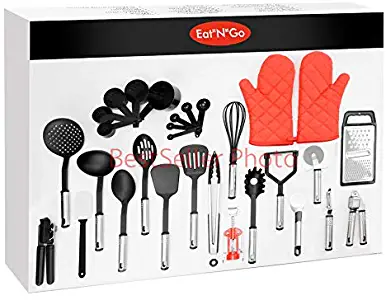 Eat n Go Kitchen Utensil Set | 29 Piece Bundle of Silicone Kitchen Accessories With Heat Resistant HandlesPair of Cooking Mitt Gloves | Food Safe, Non-Stick Surfaces