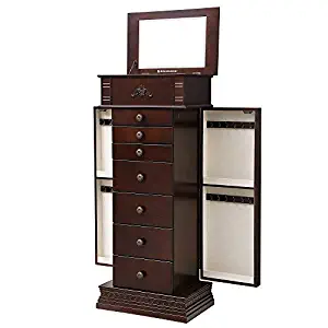 SONGMICS Large Jewelry Armoire Cabinet Standing Storage Chest Neckalce Organizer Dark Walnut UJJC14K