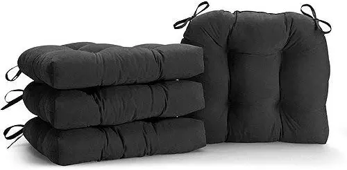 Home Direct Black Set of 4 Dining Chair Cushions Soft Plush Tufted with Ties 14.5 x 16