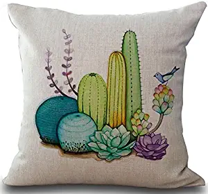 Eazyhurry Desert Green Cactus Bird Print Cotton Linen Decorative Pillow Case Throw Cushion Cover Burlap Home Decor Office Chair Seat Back Placement 18 X 18''