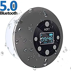 Shower Radio Bluetooth Speaker 5.0, HOTT Waterproof Wireless Bathroom Music with Suction Cup FM Microphone Hands-Free Calling 10 Hours LCD Clock Display SD Card Playing for iPhone iPad Samsung Nexus