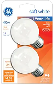 GE Lighting 31110 Soft White 31110 40-Watt, 330-Lumen G16.5 Light Bulb with Medium Base, 2-Pack