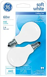 GE Lighting Soft White 71396 60-Watt, 440-Lumen A15 Light Bulb with Candelabra Base, 2-Pack