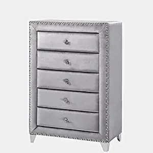 Dresser with Silver Nail Heads and Chrome Legs - Wood Rectangular Dresser with 5 Drawers - Gray