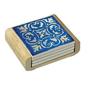 CounterArt Spanish Tiles-Blue Absorbent Coasters in Wooden Holder, Set of 4