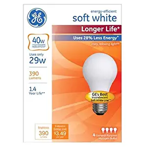 GE Lighting 70287 Soft White Long Life 29 (40-watt Replacement), 390-Lumen A19 Light Bulb with Medium Base, 4-Pack, 4