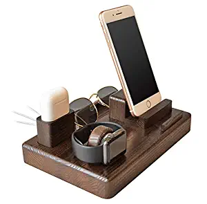Wood Phone Docking Station Ash Magnets Organizer Men Gift Husband Charging Pad Slim Birthday Nightstand Boyfriend Compatible with iPhone AirPods Apple Watch