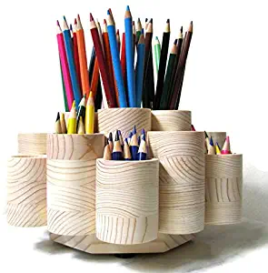 Deluxe Rotating Colored Pencil Holder Organizer, Wooden Storage Caddy Carousel, 19 Cups for 260 Pencils and Pencil Stubs