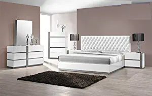 Modern Seville 4 Piece Bedroom Set Eastern King Size Bed Mirror Dresser Nightstand White Lacquer Headboard With Leather Like & Like Crystals Exterior Bedroom Furniture