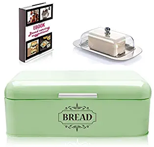 Vintage Bread Box For Kitchen Stainless Steel Metal in Retro Green + FREE Butter Dish + FREE Bread Serving Suggestions eBook 16.5" x 9" x 6.5" Large Bread Bin storage by All-Green Products