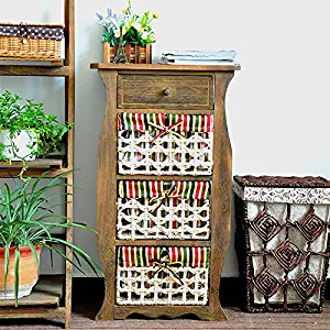 Jerry & Maggie - Nightstand Classic Countryside Dark Brown Wood - Night Stand Storage Bedside Table with 3 Vine Weaved Basket & 1 Drawer Real Natural Indus Wood Texture