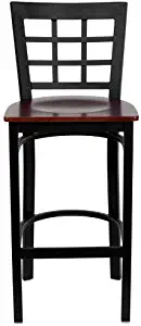 Flash Furniture HERCULES Series Black Window Back Metal Restaurant Barstool - Mahogany Wood Seat