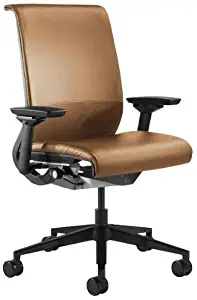 Steelcase Think Office Stool with Upholstered Back - Camel Leather with Black Base