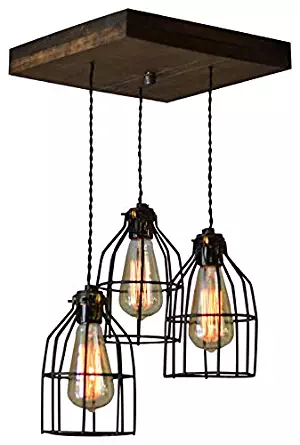 West Ninth Vintage Old Elm Wood Multi Pendant Farmhouse Chandelier | 3 Sockets with Black Cages