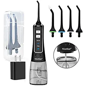 Cordless Water Flosser Teeth Cleaner, Nicefeel 300ML USB Rechargable Portable Oral Irrigator for Travel,Home 3-Modes IPX7 Waterproof Water Dental Flosser with 4 Jet Tips for Braces and Teeth Whitening
