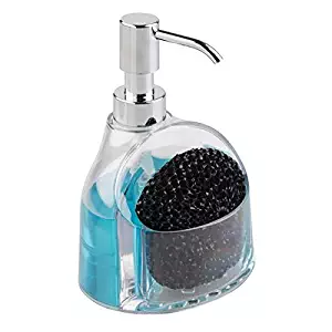 mDesign Modern Plastic Kitchen Sink Countertop Liquid Hand Soap Dispenser Pump Bottle Caddy with Storage Compartment - Holds and Stores Sponges, Scrubbers and Brushes - Clear/Chrome