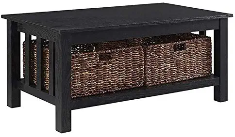 Pemberly Row 40" Wood Storage Coffee Table in Black with Baskets