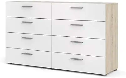 Tvilum Austin 8 Drawer Double Dresser, Oak Structure/White High Gloss