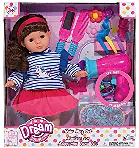 Family Games 13"Cute Doll Hair Play Set, Hair Salon, Hair Styling, Kids, Beauty and Hair Accessory Styling Kit for Little Girls Aged 3 and Above