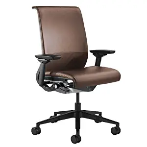 Steelcase Think Office Stool with Upholstered Back - Mahogany Leather with Platinum Base