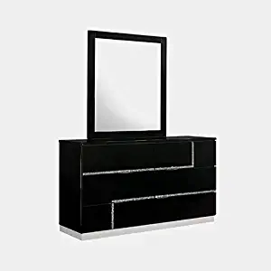 Double Dresser with Mirror and Metal Glides - Wood Dresser with 6 Drawers and Gloss Finish - Black Lacquer