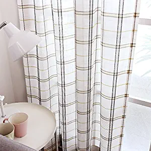 White Checkered Sheer Curtains for Living Room Black and Taupe Check on White Sheer Curtains Gingham Linen Look Country Curtain Panels for Kitchen Dining, Sold by Pair, 63 Inch Long