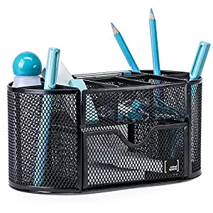Pen Holder for Desk by Mindspace with 8 Compartments + Drawer| Office Supplies Organizer | The Mesh Collection, Black