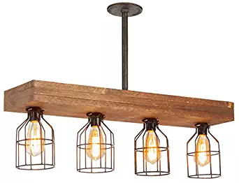 Farmhouse Lighting Triple Wood Beam Vintage Decor Chandelier –Great Industrial Chic Light for Kitchen, Bar, Island, Dining Room, and Foyer – Four Lights and Vintage Edison Cages