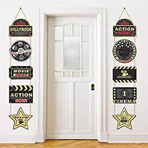 10 Pieces Hollywood Movie Theme Party Supplies Hanging Decorations, 1 Pair of Hollywood Movie Theme Black and Gold Hanging Sign Cards, Hollywood Movie Theme Party Banner