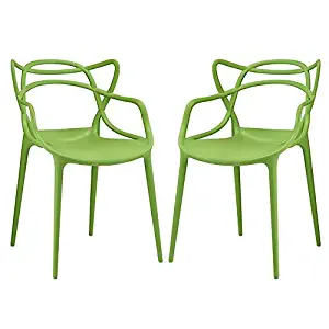 Modway Entangled Modern Molded Plastic Two Kitchen and Dining Room Arm Chairs in Green - Fully Assembled