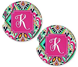 Monogrammed Car Coasters | Initial K | Christmas Gift | 2.56" x 0.30" Cup Holder | Car Accessories For Women Absorbent Ceramic Car Coasters 2 Pack