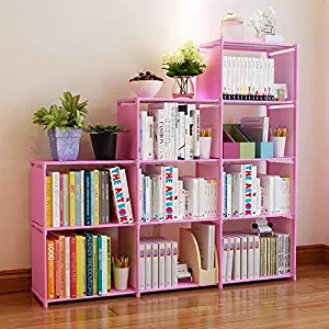 Hosmat 9-Cube DIY Children's Bookcase 30 inch Adjustable Bookshelf Organizer Shelves Unit, Folding Storage Shelves Unit (Pink_9 Cubes)