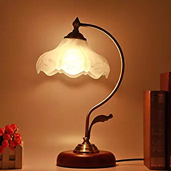 Vintage Desk Lamp, Handmade Retro Wooden Base, Exquisite Milk White Mangnolia Bloom Shape Looking Glass Shade, Antique Style Table Lights for Office, Libirary, Bedside Nightstand, Study Room (Wood)