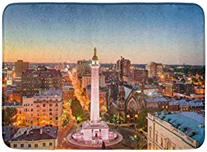 Amknu Skyline Baltimore Maryland USA Cityscape at Mt Vernon and The Washington Monument Downtown Background Pattern Flannel Bath Rugs Prevent Shifting Super Absorbent 3D Printing 60x40cm