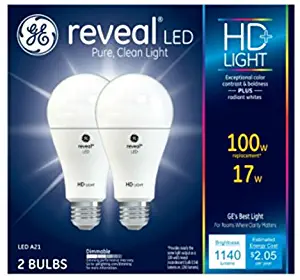 GE Lighting 92986 Light Reveal HD Dimmable LED A21 Ceiling Fan Bulb 17-Watt (100-Watt-Replacement), 1140-Lumen Medium Base, 2-Pack, 2 Piece