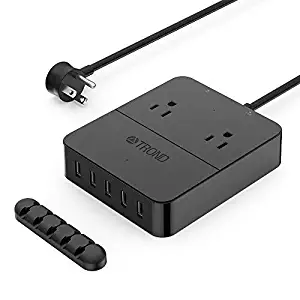 TROND Prime Mini 2-Outlet Surge Protector Power Strip with USB Charger (5-Port Smart, 40W/8A, Latest DoE Level VI Energy Efficiency), 5ft Power Cord, for Office, Hotel, Nightstand Dresser (Renewed)