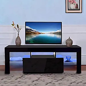 SSLine Modern TV Stand with LED Light Wood Television Stand Media Storage Console Cabinet with Drawer and Shelves Entertainment Center Living Room Bedroom Furniture - Black/52