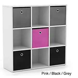 'Jolie' White Bookcase with Five Fabric Colorful Store Books, Toys Bins - Pink Black Grey