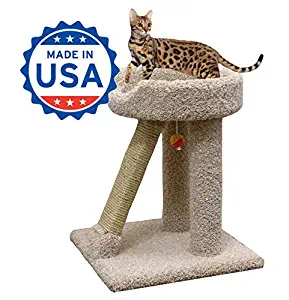 CozyCatFurniture 24" Cat Scratching Furniture with Large Bed | Made in USA | Solid Wood Construction | Sisal Scratch Post | Beige Carpet