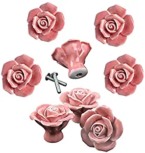 DLD Knobs, 8Pcs Elegant Pink Rose Pulls Flower Ceramic Cabinet Knobs Cupboard Drawer Pull Handles + Scre …