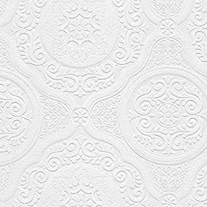 Norwall NW48932 Carter Series Vinyl Textured Paintable Floral Scroll Boarded Square Design Large Wallpaper Roll, 21" W x 33'L, White,