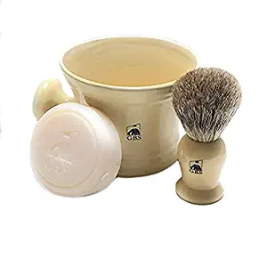 GBS Men's Wet Shaving Set Ivory -3 Piece set - Pure Badger Hair Shaving Brush, Ceramic Mug and 97% All Natural Shave Soap Compliments any Shaving Razor For The Best Shave Great Gift Men