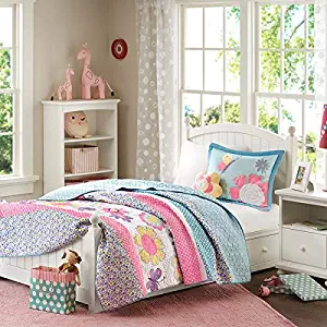 Mi Zone Kids Crazy Daisy Full/Queen Bedding For Girls Quilt Set - Sky Blue, Pink , Flowers, Butterfly – 4 Piece Kids Girls Quilts – Ultra Soft Microfiber Quilt Sets Coverlet