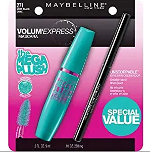 Maybelline Volum' Express Mega Plush Mascara, 271 Very Black, with Unstoppable Eyeliner, 0.3 fl oz